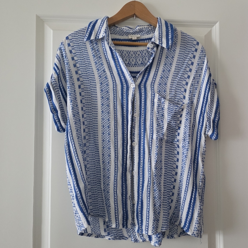 En Creme Woven Coastal Preppy Boho Button Up Shirt Womens S Blue White Rayon